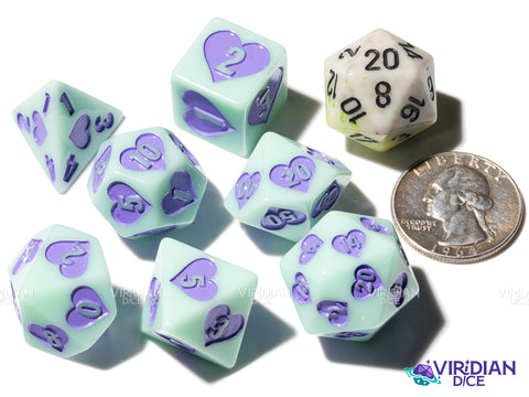 Circus Sweetie | Purple and Mint Blue, Hearts, Pastel | Resin Polyhedral Dice (7)