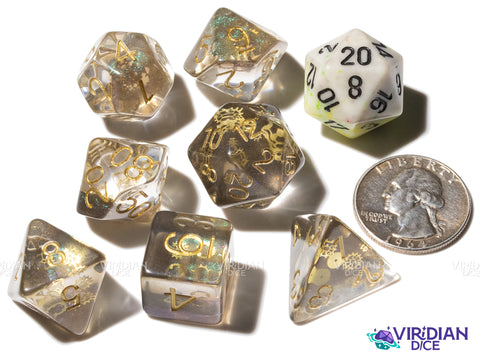 Glitter Gears | Golden Gears, Translucent-Clear, Brown Glitter | Resin Dice Set (7)