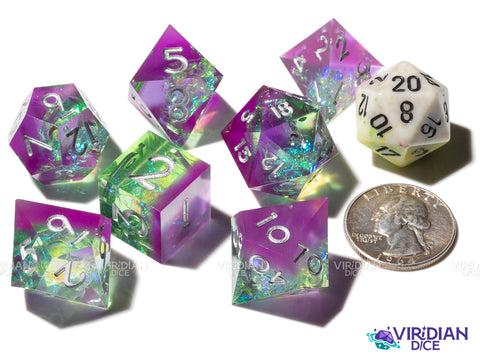 Melinoe's Incantation | Purple, Green, Sharp-Edged, Silver Ink | Resin Polyhedral Dice (7)