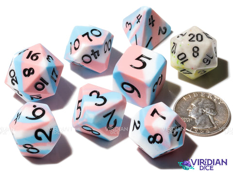 Trans (Super Silicone) | Pink, White and Blue Swirled Pride Flag | Silicone Polyhedral Dice (7)