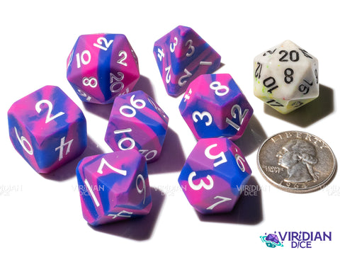 Cotton Eraser Candy (Super Silicone) | Pink, Blue-Purple Swirled, White Ink, Corner Cut | Silicone Polyhedral Dice (7)