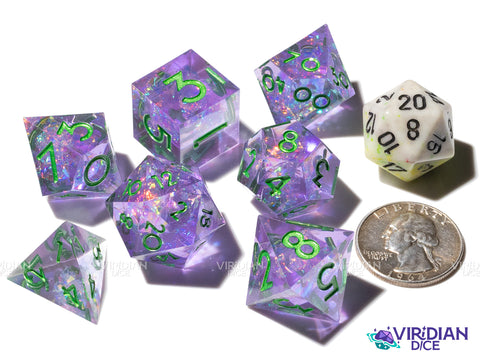 Chaotic Charmer | Translucent Purple, Pink Holographic Film, Dark Green Ink, Sharp Edged | Resin Dice Set (7)