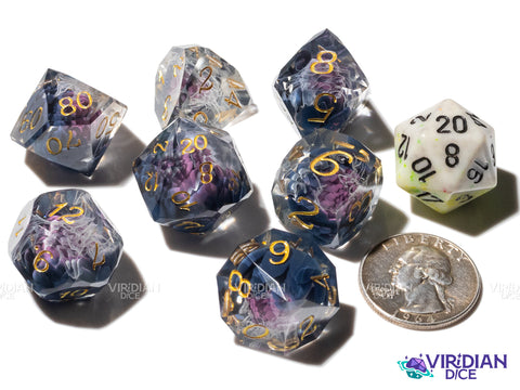 Black Lotus | Gemcut, Sharp Edged, Grey and White Mist, Pink Flower | Resin Polyhedral Dice (7)