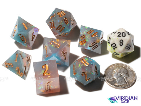 Thunderstruck | Light Pink & Blue, Foil and Gold Ink | Resin Polyhedral Dice (7)
