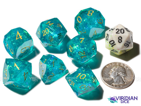 Gemcut Teal & Gold Set | Corner Cut, Sharp Edged, Turquoise, Blue-Green | Resin Polyhedral Dice (7)