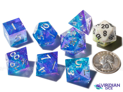 Poseidon's Surf | Blue and Purple Layered, Foil, Silver Ink, Sharp Edged | Resin Polyhedral Dice (7)