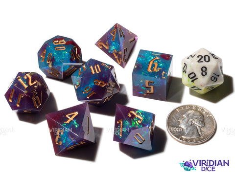 Starcursed | Teal and Dark Red/Maroon, Foil and Gold Ink, Sharp-Edged | Resin Polyhedral Dice (7)
