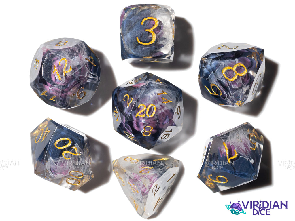 Black Lotus | Gemcut, Sharp Edged, Grey and White Mist, Pink Flower | Resin Polyhedral Dice (7)