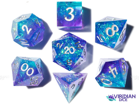 Poseidon's Surf | Blue and Purple Layered, Foil, Silver Ink, Sharp Edged | Resin Polyhedral Dice (7)
