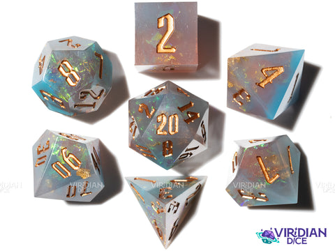 Thunderstruck | Light Pink & Blue, Foil and Gold Ink | Resin Polyhedral Dice (7)