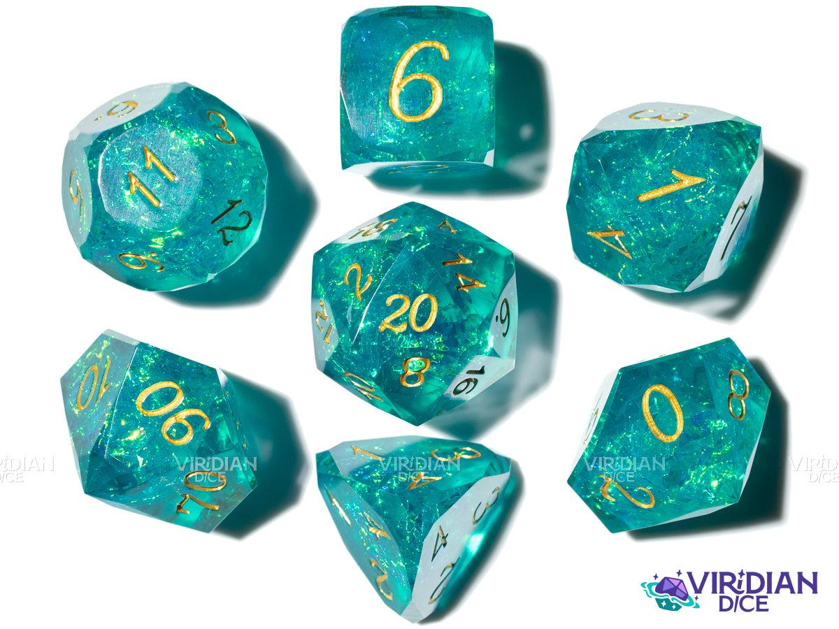 Gemcut Teal & Gold Set | Corner Cut, Sharp Edged, Turquoise, Blue-Green | Resin Polyhedral Dice (7)
