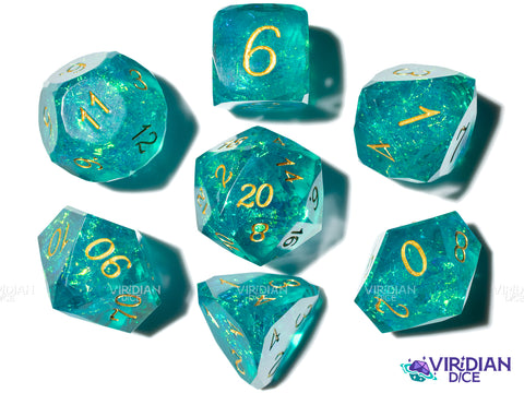 Gemcut Teal & Gold Set | Corner Cut, Sharp Edged, Turquoise, Blue-Green | Resin Polyhedral Dice (7)