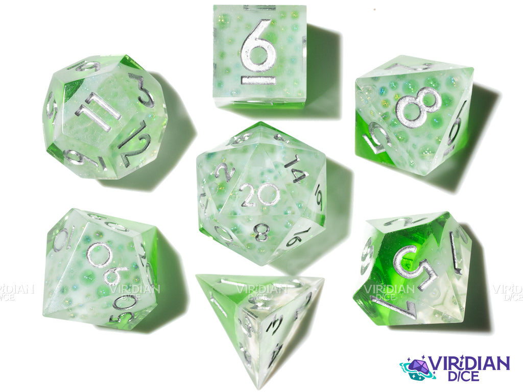 Bubbling Poison | Green Beverage-Like, White Foam, Layered | Resin Polyhedral Dice (7)