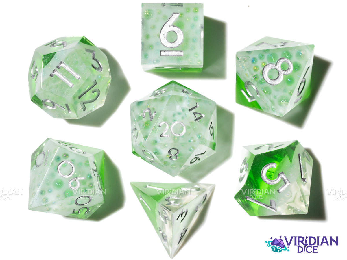 Bubbling Poison | Green Beverage-Like, White Foam, Layered | Resin Polyhedral Dice (7)