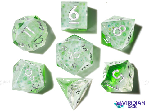 Bubbling Poison | Green Beverage-Like, White Foam, Layered | Resin Polyhedral Dice (7)