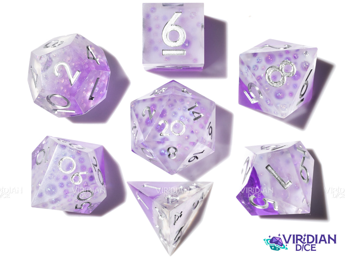 Grape Drink | Purple Bubbly Beverage-Like Set, White Foam, Translucent Layered | Resin Polyhedral Dice (7)