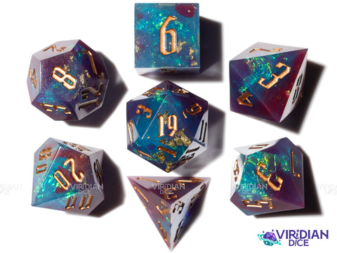 Starcursed | Teal and Dark Red/Maroon, Foil and Gold Ink, Sharp-Edged | Resin Polyhedral Dice (7)