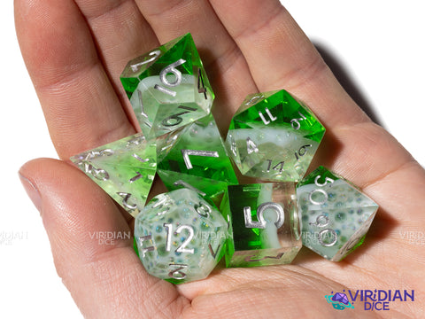 Bubbling Poison | Green Beverage-Like, White Foam, Layered | Resin Polyhedral Dice (7)
