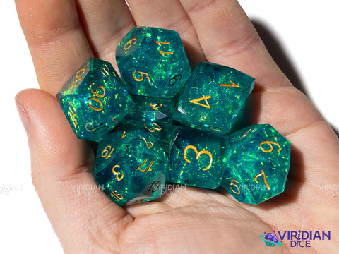 Gemcut Teal & Gold Set | Corner Cut, Sharp Edged, Turquoise, Blue-Green | Resin Polyhedral Dice (7)