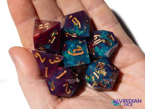 Starcursed | Teal and Dark Red/Maroon, Foil and Gold Ink, Sharp-Edged | Resin Polyhedral Dice (7)