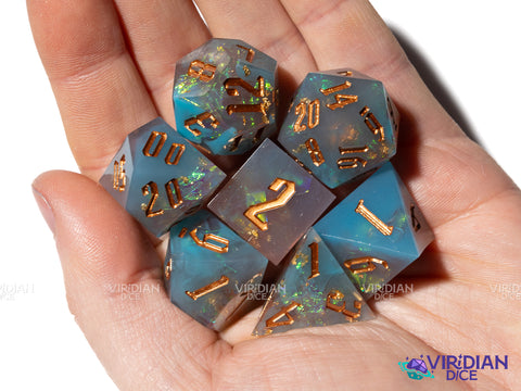 Thunderstruck | Light Pink & Blue, Foil and Gold Ink | Resin Polyhedral Dice (7)