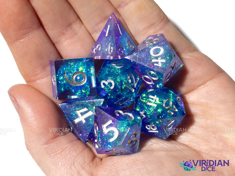 Poseidon's Surf | Blue and Purple Layered, Foil, Silver Ink, Sharp Edged | Resin Polyhedral Dice (7)