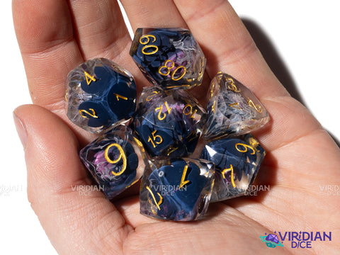 Black Lotus | Gemcut, Sharp Edged, Grey and White Mist, Pink Flower | Resin Polyhedral Dice (7)