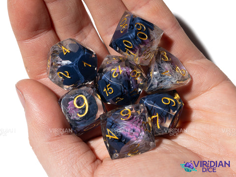 Black Lotus | Gemcut, Sharp Edged, Grey and White Mist, Pink Flower | Resin Polyhedral Dice (7)