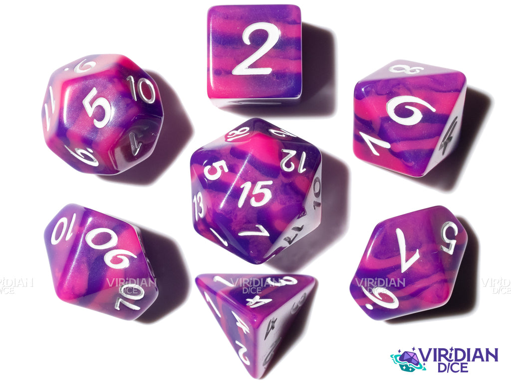 Vaporwave (Radical Series) | Exclusive, Purple & Pink Tiger Stripe, White Ink | Resin Dice Set (7)