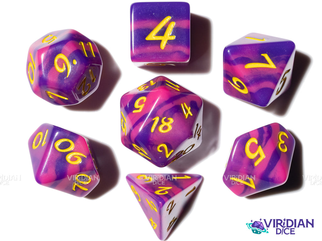 Revenge of Cheshire (Radical Series) | Exclusive, Purple & Pink Tiger Stripe, Yellow Ink | Resin Dice Set (7)