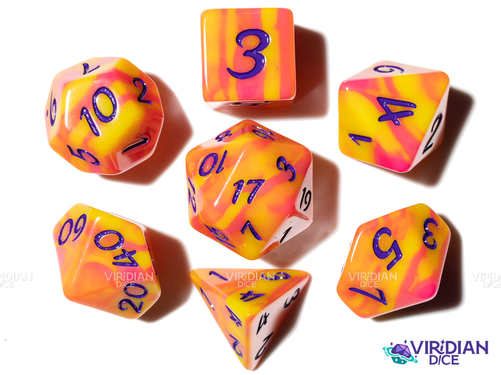 Machoman (Radical Series) | Exclusive, Yellow & Pink Tiger Stripe, Purple Ink | Resin Dice Set (7)