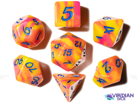 Arcade Hero (Radical Series) | Exclusive, Yellow & Pink Tiger Stripe, Metallic Blue Ink | Resin Dice Set (7)