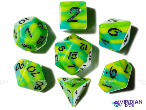 Citrus Surge (Radical Series) | Exclusive, Yellow-Green Tiger Stripe, Black Ink | Resin Dice Set (7)
