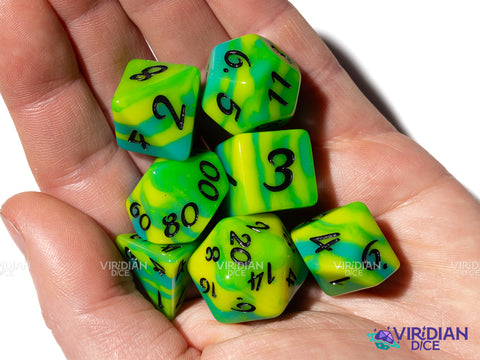 Citrus Surge (Radical Series) | Exclusive, Yellow-Green Tiger Stripe, Black Ink | Resin Dice Set (7)