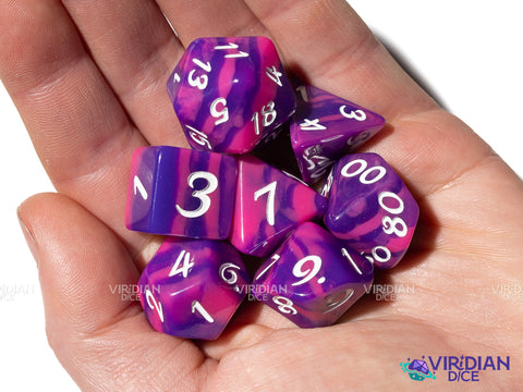 Vaporwave (Radical Series) | Exclusive, Purple & Pink Tiger Stripe, White Ink | Resin Dice Set (7)