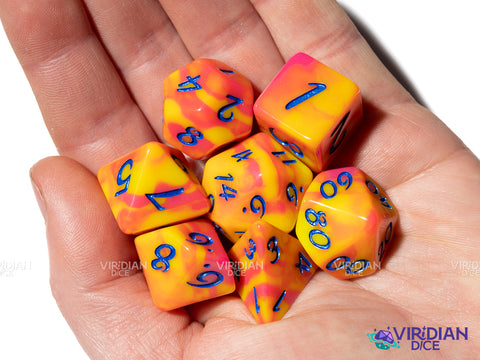 Arcade Hero (Radical Series) | Exclusive, Yellow & Pink Tiger Stripe, Metallic Blue Ink | Resin Dice Set (7)