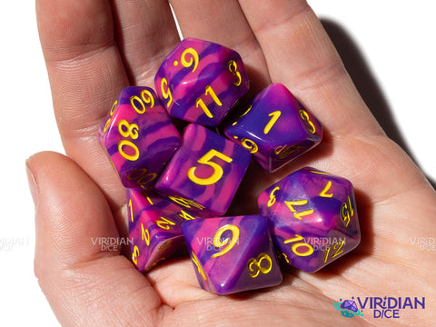 Revenge of Cheshire (Radical Series) | Exclusive, Purple & Pink Tiger Stripe, Yellow Ink | Resin Dice Set (7)