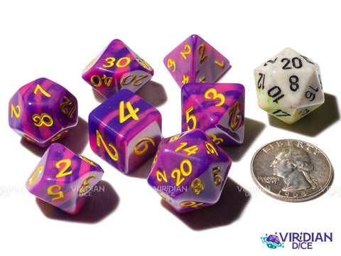 Revenge of Cheshire (Radical Series) | Exclusive, Purple & Pink Tiger Stripe, Yellow Ink | Resin Dice Set (7)