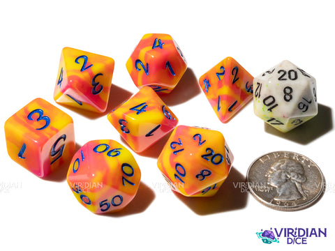 Arcade Hero (Radical Series) | Exclusive, Yellow & Pink Tiger Stripe, Metallic Blue Ink | Resin Dice Set (7)