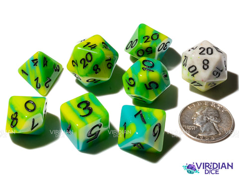Citrus Surge (Radical Series) | Exclusive, Yellow-Green Tiger Stripe, Black Ink | Resin Dice Set (7)