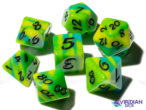 Citrus Surge (Radical Series) | Exclusive, Yellow-Green Tiger Stripe, Black Ink | Resin Dice Set (7)
