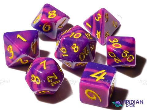 Revenge of Cheshire (Radical Series) | Exclusive, Purple & Pink Tiger Stripe, Yellow Ink | Resin Dice Set (7)