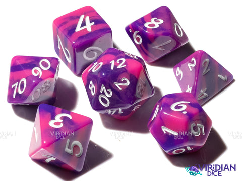 Vaporwave (Radical Series) | Exclusive, Purple & Pink Tiger Stripe, White Ink | Resin Dice Set (7)