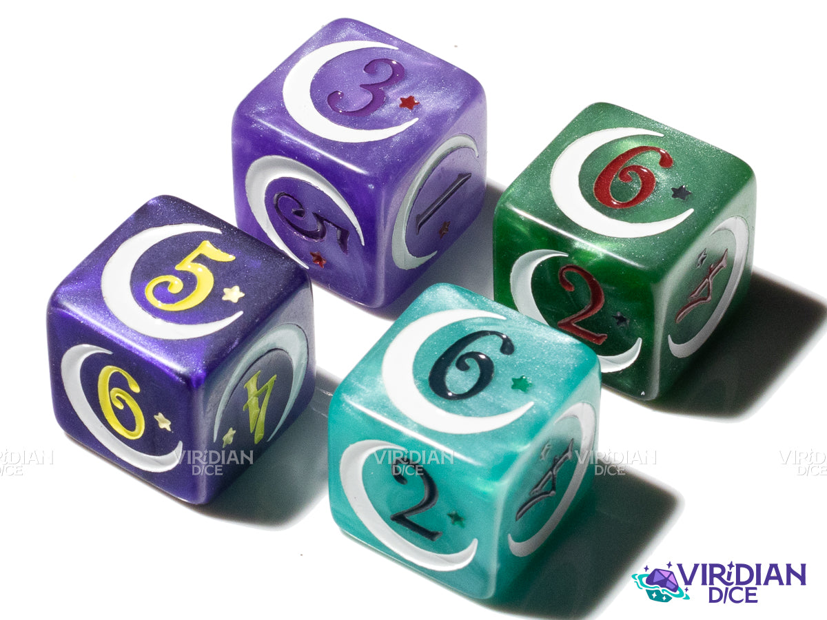 Outer Magical Girl | Pearled, Moons & Stars | D6 Dice Set (4)