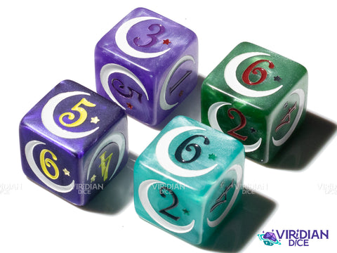Outer Magical Girl | Pearled, Moons & Stars | D6 Dice Set (4)