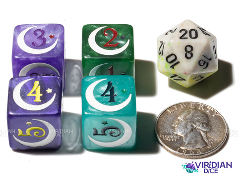 Outer Magical Girl | Pearled, Moons & Stars | D6 Dice Set (4)