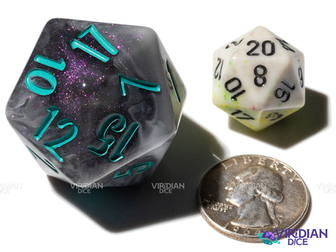 The Amazing Avenger... Oops, with Teal! D20 (Blossom & Bloom) | Black Swirl, Teal Ink | Large Resin D20 (1)