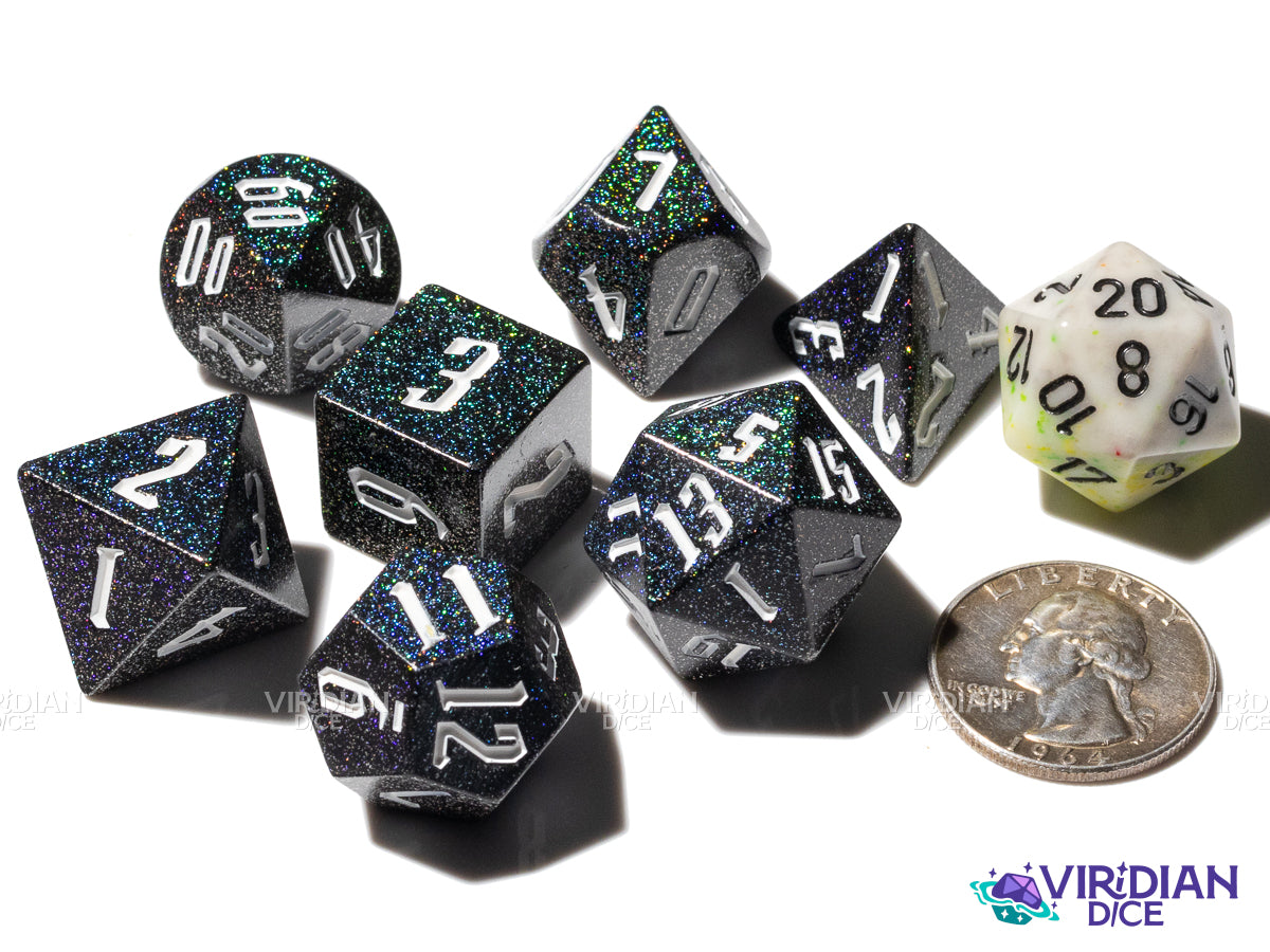 Aurora Prism | Black, Rainbow Glitter & Sharp Edges | Dice Set (7)