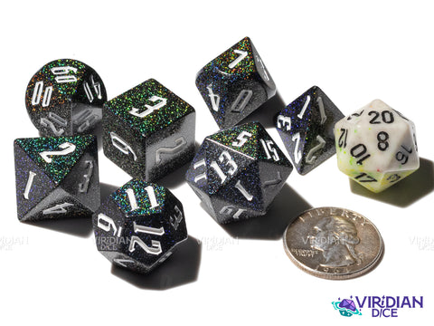 Aurora Prism | Black, Rainbow Glitter & Sharp Edges | Dice Set (7)