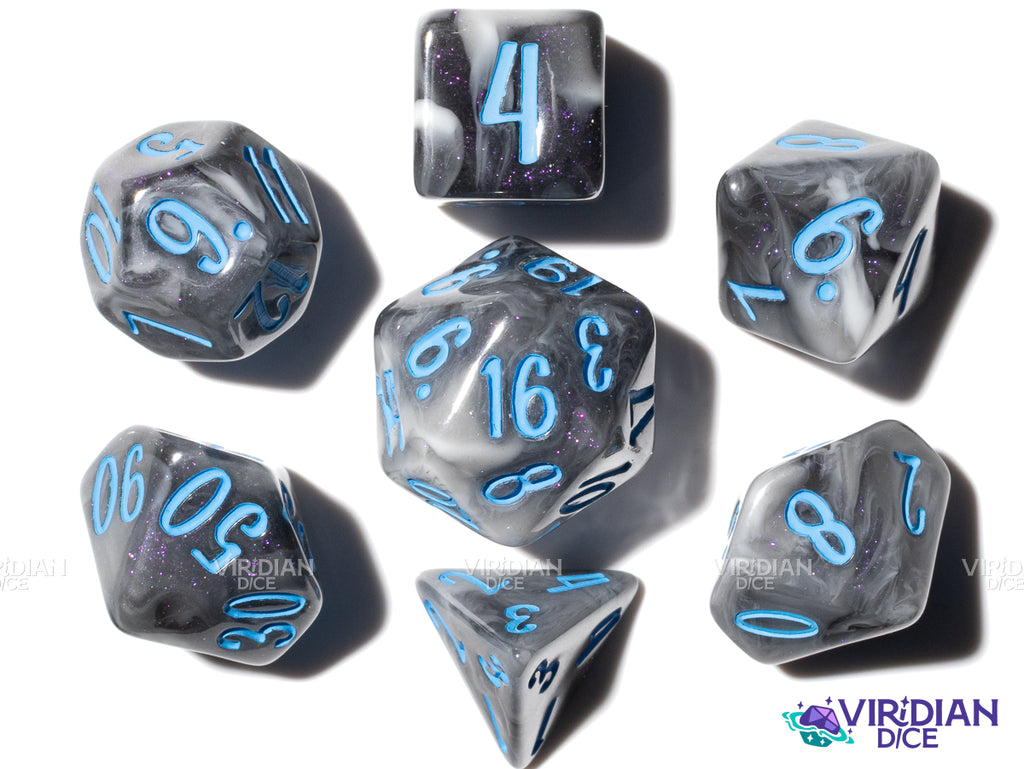 Avenger with Blue! (Blossom & Bloom) | Black Swirl, Blue Ink | Resin Polyhedral Set of (7)